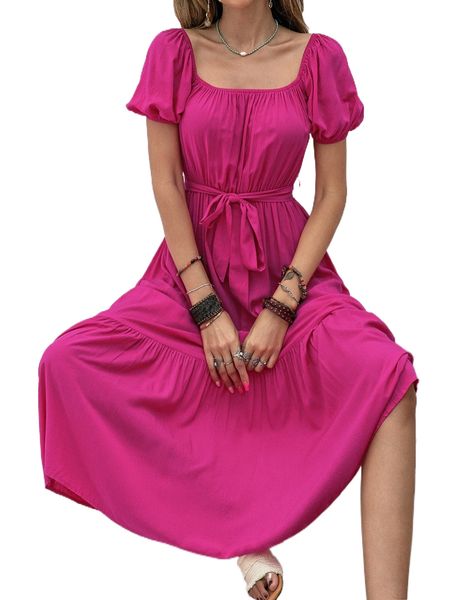 

puff sleeve ruffle hem belted dress q2vp#, Black;gray