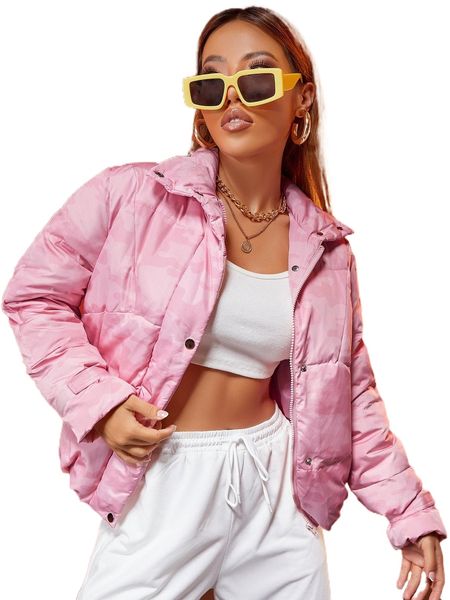 

camo print zip up snap button down coat f8bk#, Black