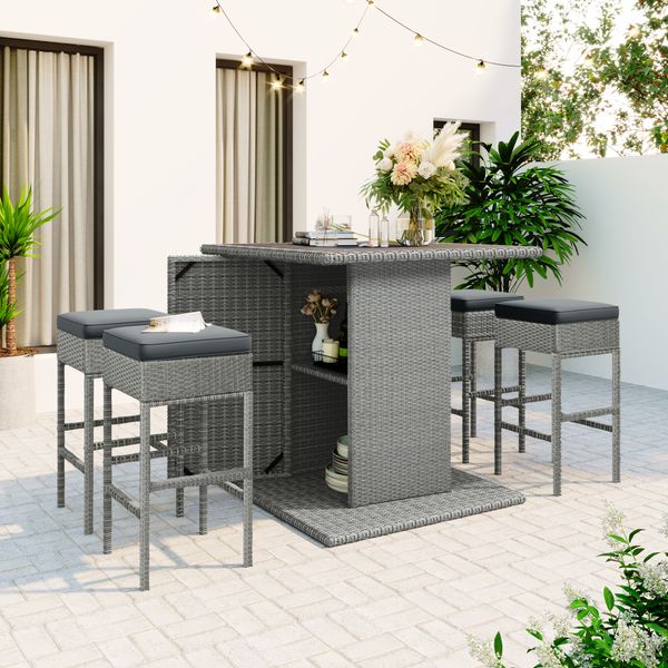 

garden set rattan dining table set pe wicker square kitchen with storage rack and upholstered stool