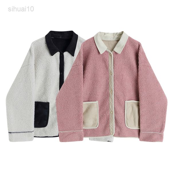

imitated lamb fur coat women autumn winter hit color lapels casual loose single-breasted large pockets long sleeve jacket female l220725, Black