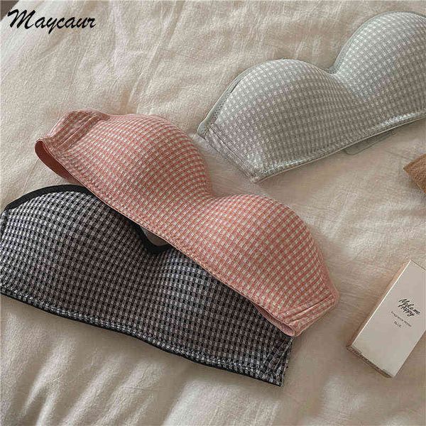 Simplicidade Plaid Pattern Girl Underwear Lady Bra Push Up Up confortável Brasserie Sexy Tiras conversíveis Bra sem fio feminino L220726