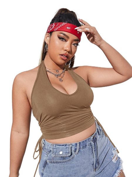 

plus halter neck drawstring backless crop e8ql#, Black