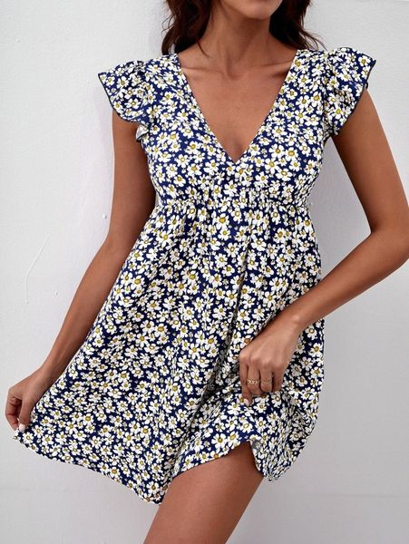 

floral print tie back ruffle sleeve dress x8je#, Black;gray