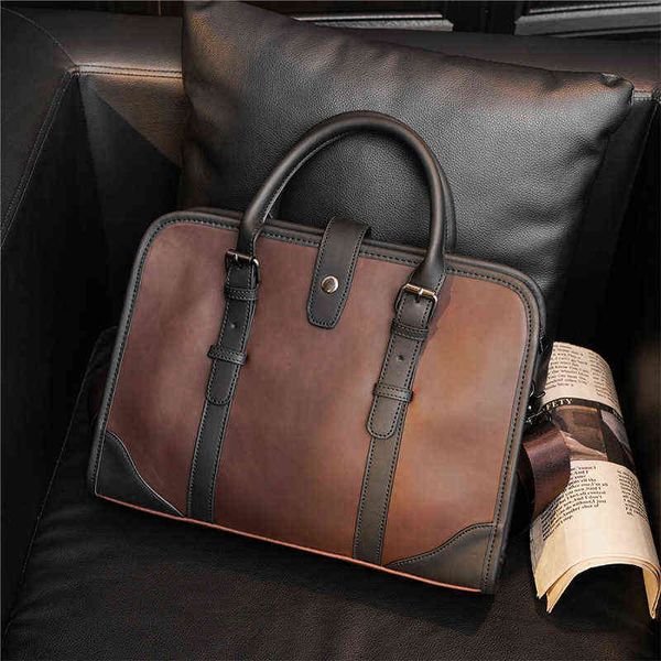 Кожаный ретро -ноутбук Британский стиль мужской портфель открытый туристический бизнес на плечах мессенджерный сумки сумки 220706