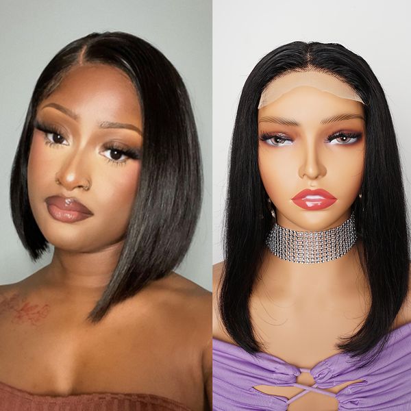 

13x4 lace front wig 4x4 lace closure short bob wig straight brazilian remy human hair natural color 150% density for women, Black;brown