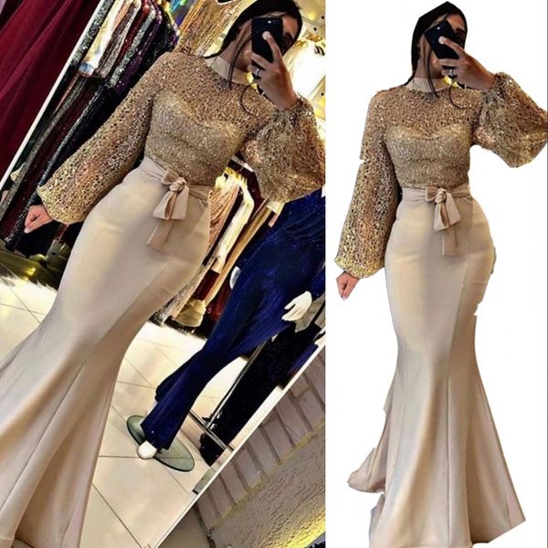

2022 arabic gold champagne lace prom dresses mermaid high neck illusion long sleeves evening dress sashes bow formal party gowns floor lengt, Black