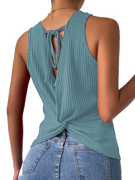 

waffle knit twist tie back tank t3iq#, White