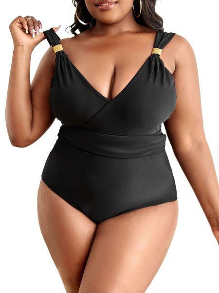 

plus ruched metal decor one piece swimsuit j04h#, White;black