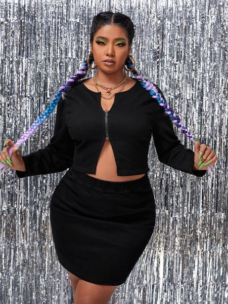 

plus denim zipper front jacket & skirt t7n8#, White