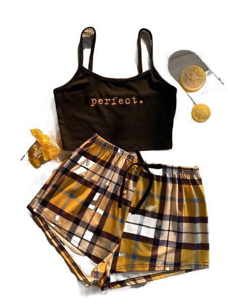 

letter & plaid print tie front pj set o1xk#, Black;red