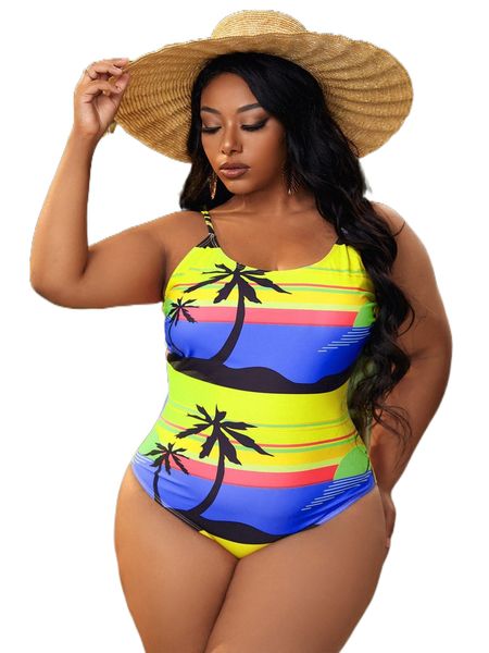 

plus plant print one piece swimsuit d1dn#, White;black