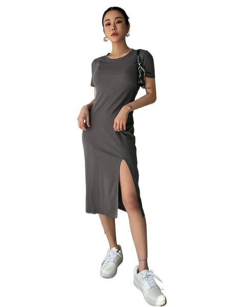 

dazy solid split thigh tee dress v0mt#, Black;gray
