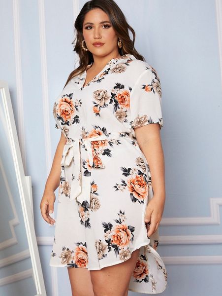 

plus floral print curved hem belted dress d3km#, Black