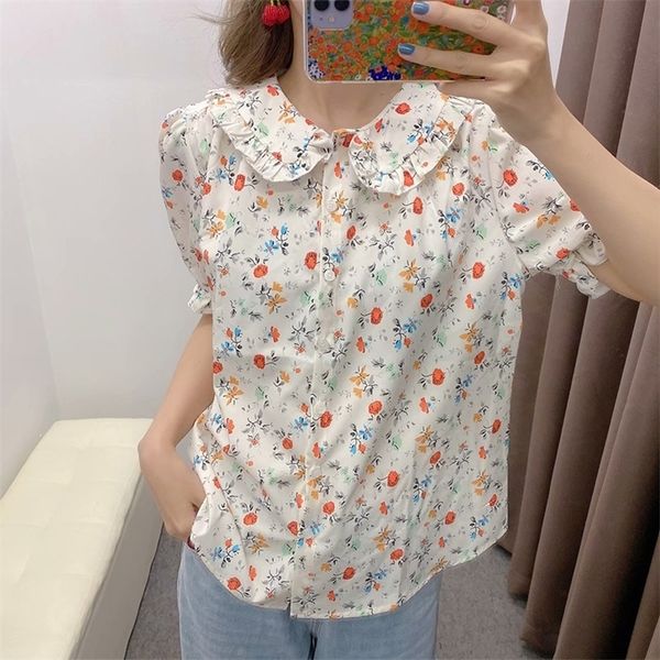 

women's french pastoral floral print retro ruffle blouse shirt mori girl t200608, White