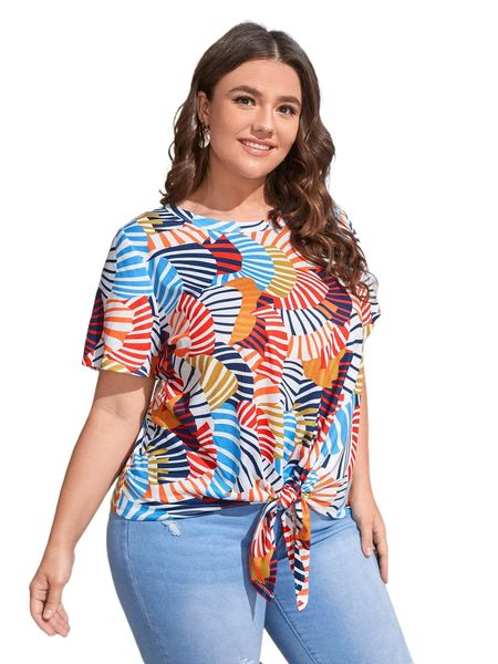 

plus tropical print knot hem tee g4zz#, Black
