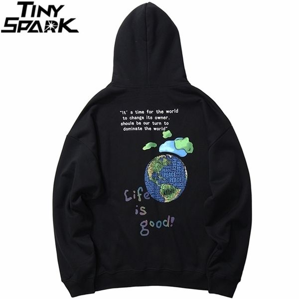 

hip hop streetwear hoodies sweatshirt globe print men harajuku pullover hoodie winter fleece cotton autumn sweatshirt loose 201127, Black