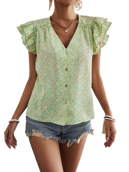 

ditsy floral tiered layer button front blouse e172#, White
