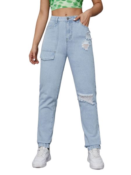 

ripped slant pocket washed jeans 34yu#, Blue