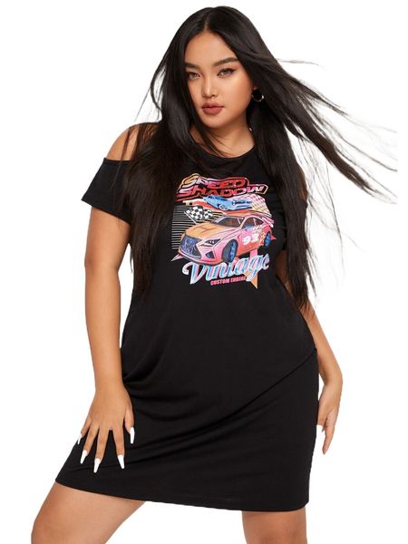 

plus letter & car print cold shoulder dress a4lu#, Black