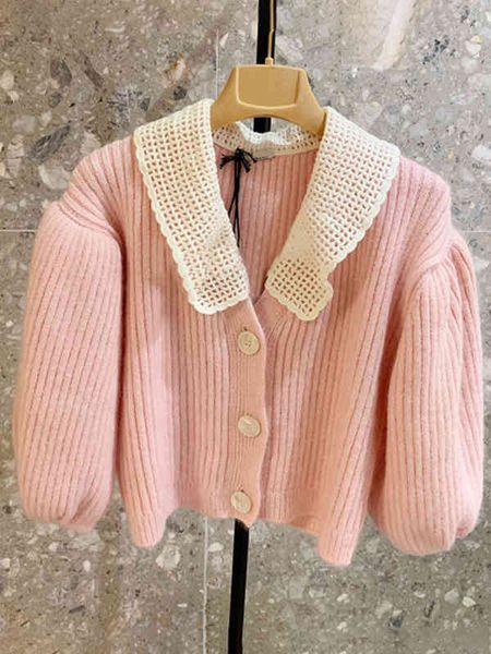 

women's knits tees french niche autumn and winter baby collar sweet sweater bubble sleeve short women's blouse cardigan, White