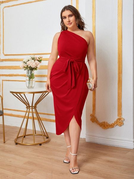 

plus one shoulder belted wrap dress t0vd#, Black