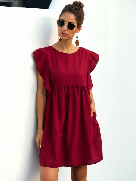 

solid butterfly sleeve smock dress k7r2#, Black;gray