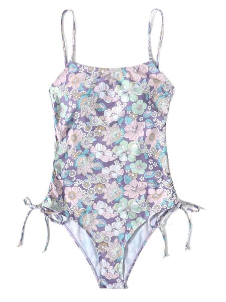 

allover floral print drawstring one piece swimsuit a6dz#, White;black