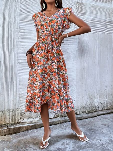 

allover floral ruffle trim belted dress k8oa#, Black;gray