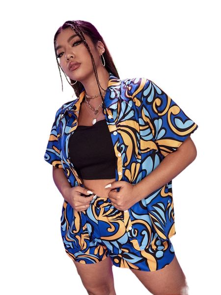 

plus allover print blouse & shorts 87dl#, Black