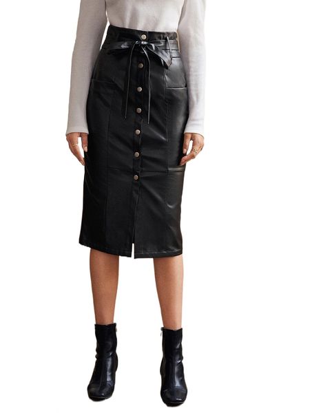 

button front belted pu leather skirt s3te#, Black