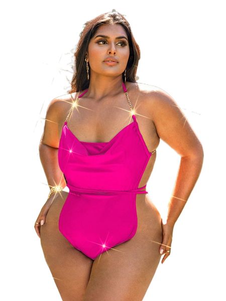 

plus neon pink chain detail draped halter one piece swimsuit 72te#, White;black