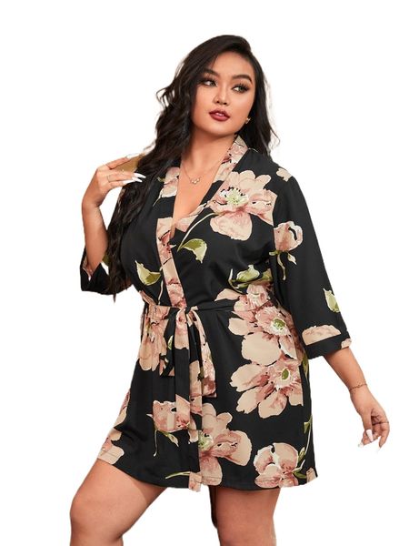 

plus floral print belted satin robe u1s4#, Black;white