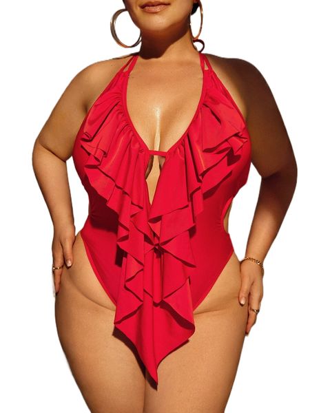 

plus ruffle trim cut-out one piece swimsuit l29k#, White;black