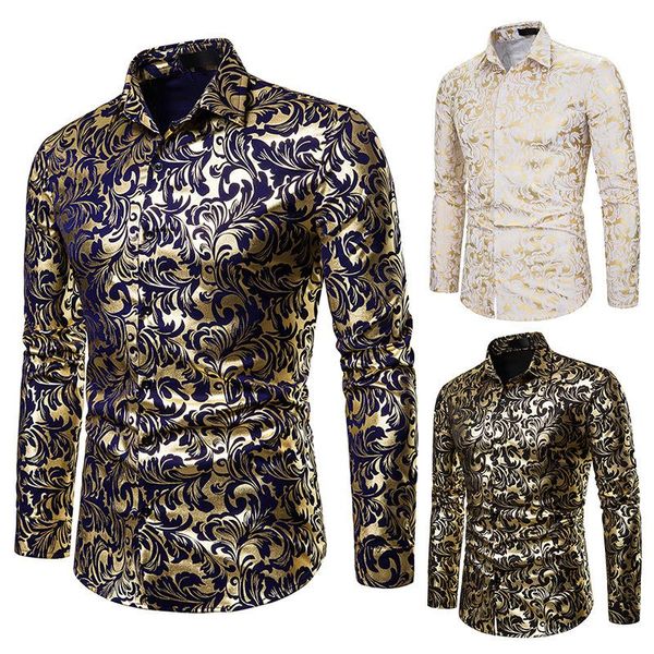 Homens Casual Camisas Gold Shiny Imprimir Dress Luxury Design Slim Fit Botão Down Camisa Elegante Homens Casamento Partido Banquete Chemise