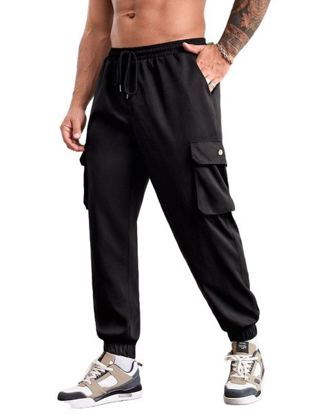 

extended sizes men flap pocket side drawstring waist cargo pants s42m#, Black