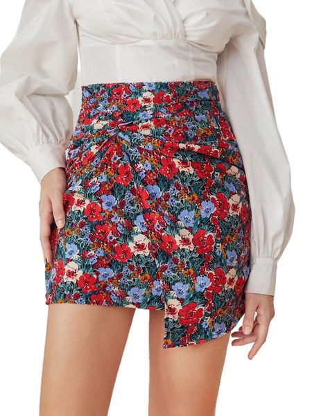 

allover floral print twist side asymmetrical hem skirt 89hb#, Black