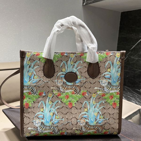 Borsa tote Borse a tracolla da donna Borsa della spesa Tracolla rimovibile Motivo tigre Cerniera interna Pockte Tela Patchwork in vera pelle Alta qualità