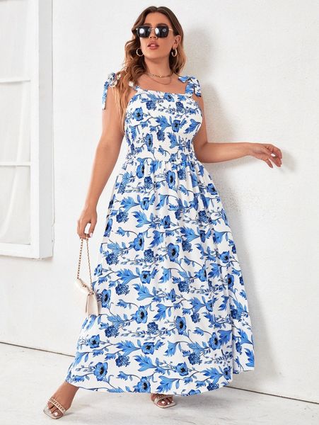 

plus allover floral print tie shoulder shirred maxi cami dress j16o#, Black