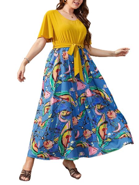 

plus graphic print butterfly sleeve belted dress b5lc#, Black