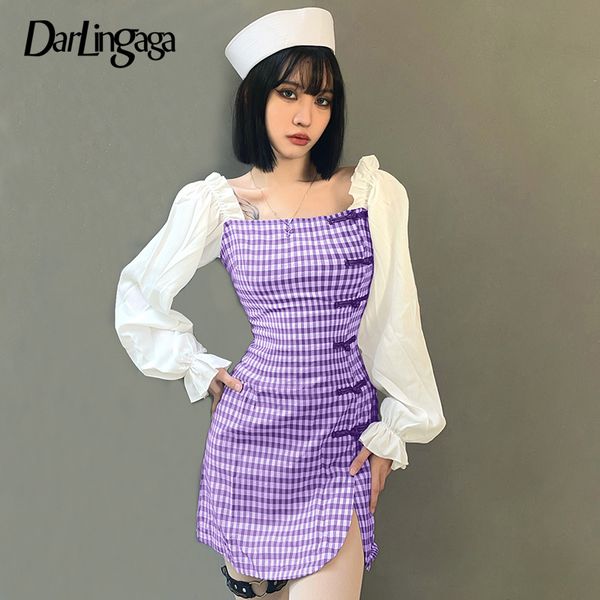 

darlingaga vintage fashion plaid patchwork women dresses square collar cheongsam spring korean casual dress mini split clothing, Black;gray