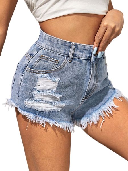 

high waist ripped raw hem denim shorts l7pc#, White;black
