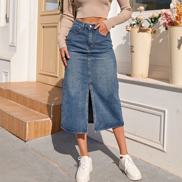 

zhisilao high waist straight denim skirt women vintage split fork blue long bodycon pencil jean skirt 220330, Black