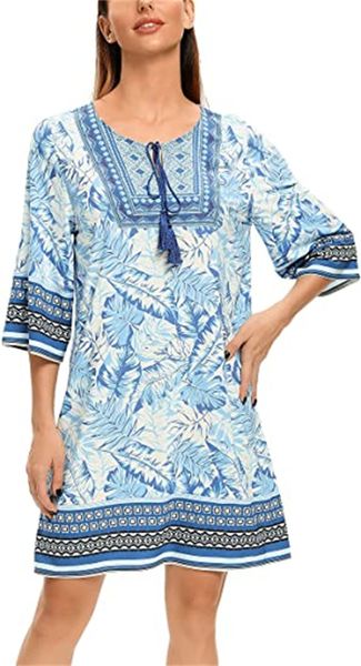 

& tees women's summer shift dress print bohemian belted dress with collar, White