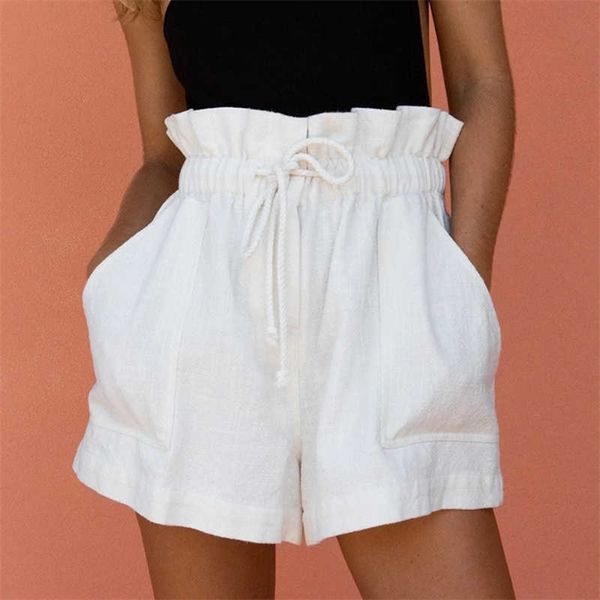 

women's shorts summer casual solid drawstring cotton linen shorts plus size hight waist short fashion short pants 210709, White;black