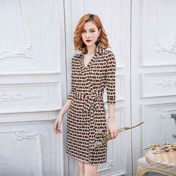 

casual dresses summer wrap skirt coffee chain print collar slim dress, Black;gray