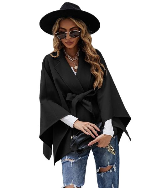 

lapel neck belted cape overcoat 32sb#, Black