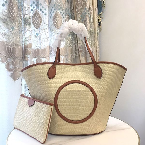 

the totes bag for women handbags fashion manual weave straw fabrics large capacity vacation beach bags genuine leather handle interior zip p