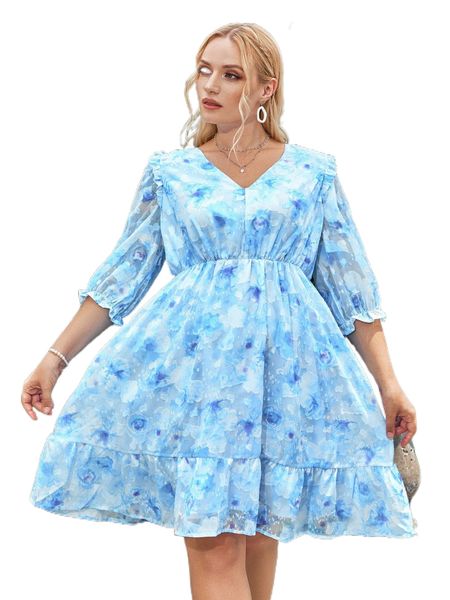 

plus floral print jacquard ruffle hem dress g641#, Black