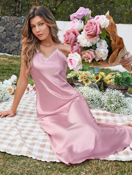 

lace trim satin sleep cami dress c4hg#, Black;red