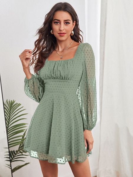 

ruched bust lantern sleeve swiss dot dress x0mh#, Black;gray